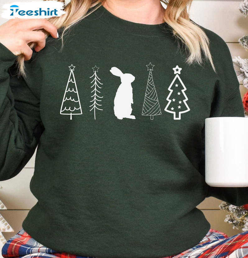 Bunny Christmas Sweatshirt, Christmas Tree Vintage Tee Tops Long Sleeve