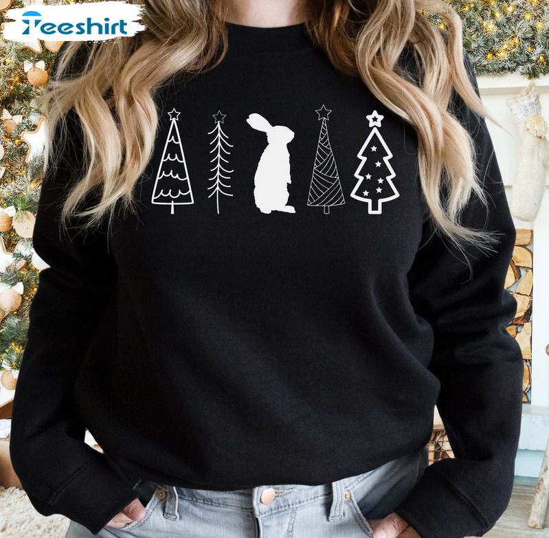 Bunny Christmas Sweatshirt, Christmas Tree Vintage Tee Tops Long Sleeve