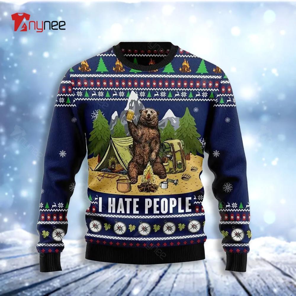 Camping Bear I Hate People Ugly Christmas Sweater- Best Christmas Gifts 2023