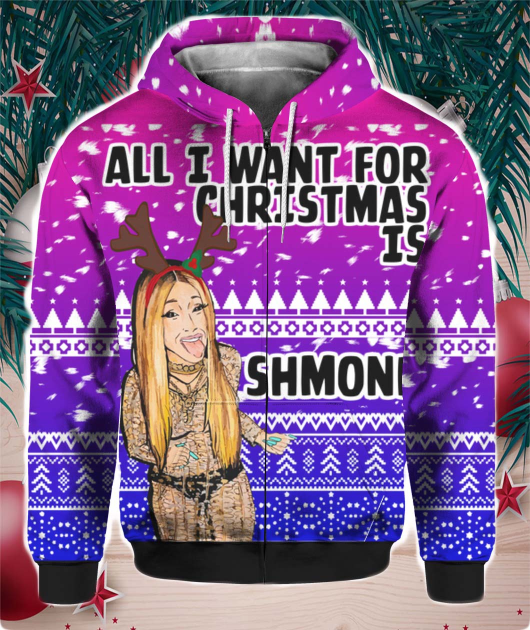 Cardi B All I Want for Christmas is Shmoney 3D Ugly Sweater Hoodie- Best Christmas Gifts 2023