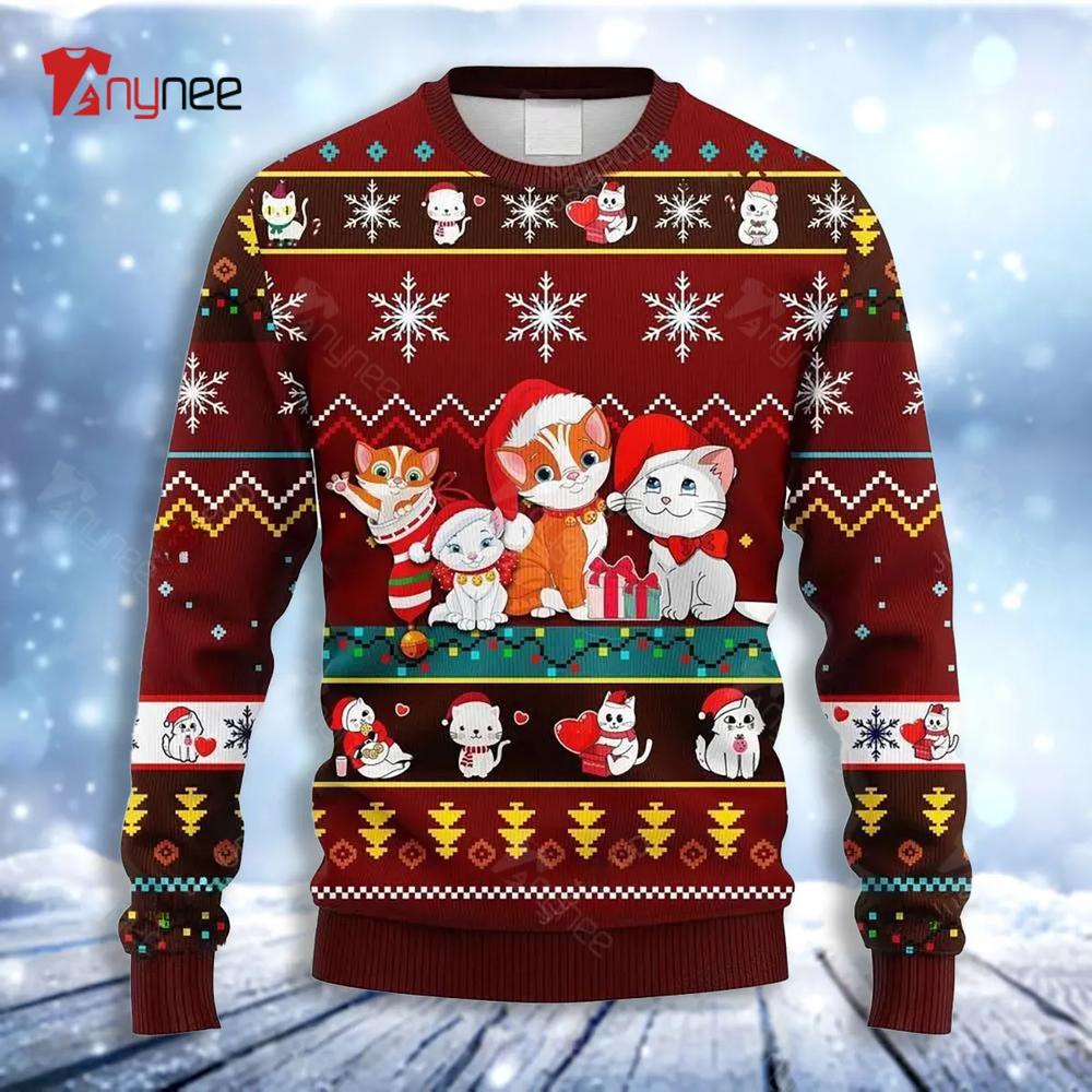 Cat Cartoon Cute Noel Mc Red Brown Ugly Christmas Sweater- Best Christmas Gifts 2023