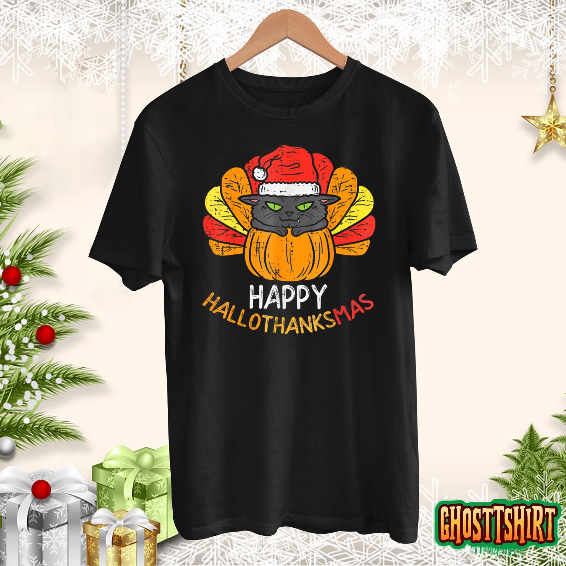 Cat Hallothanksmas Halloween Christmas Thanksgiving Cat T-Shirt