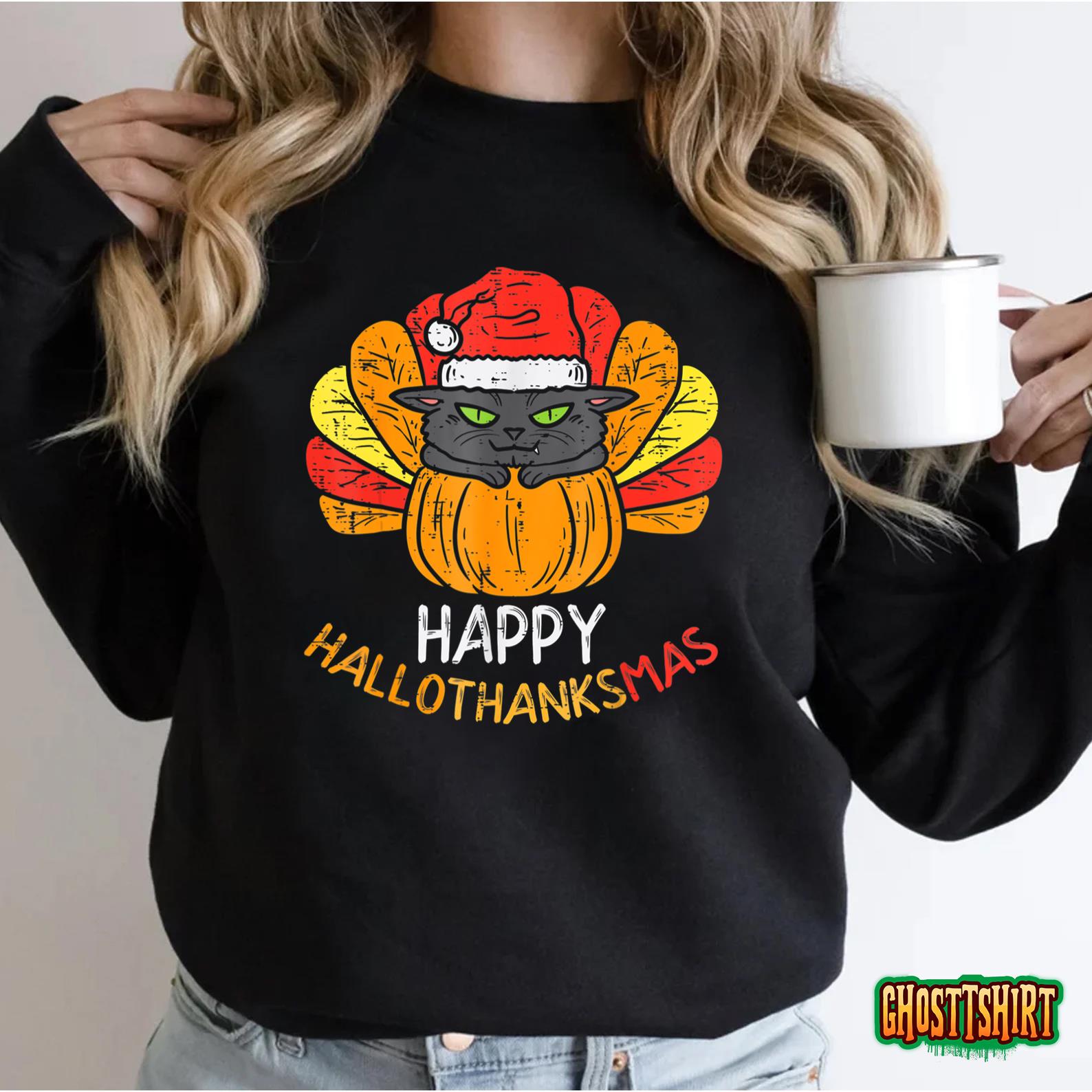 Cat Hallothanksmas Halloween Christmas Thanksgiving Cat T-Shirt