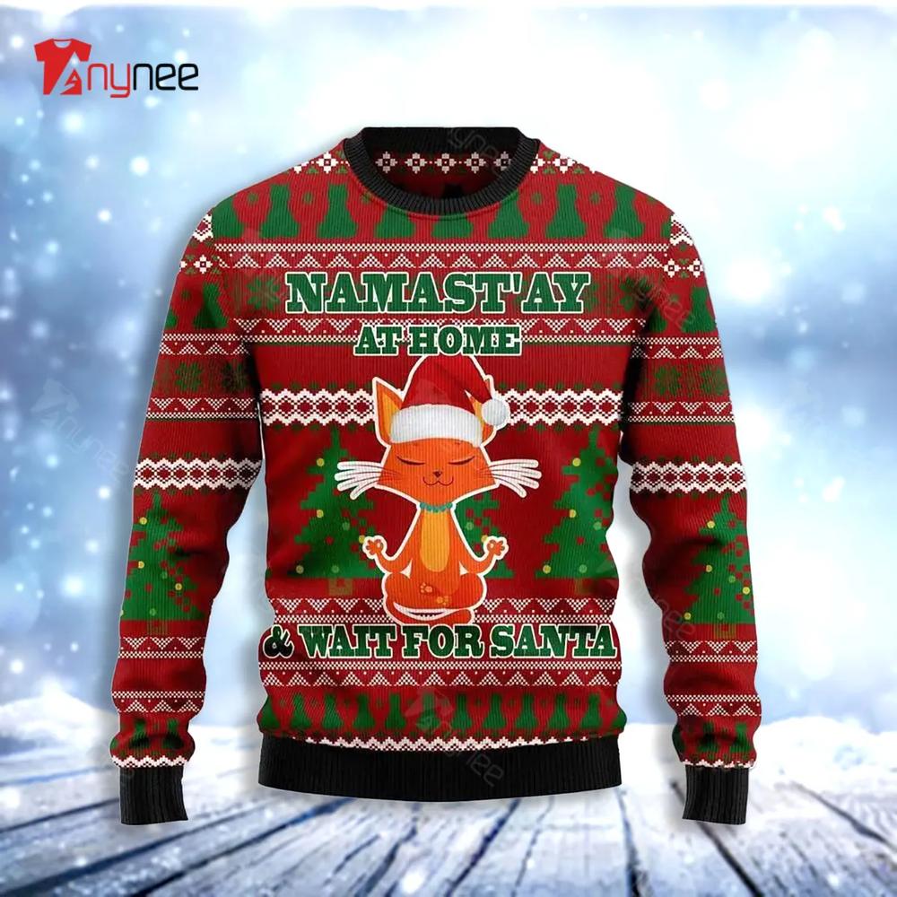 Cat Namastay At Home Wait For Santa Womens Ugly Christmas Sweater- Best Christmas Gifts 2023