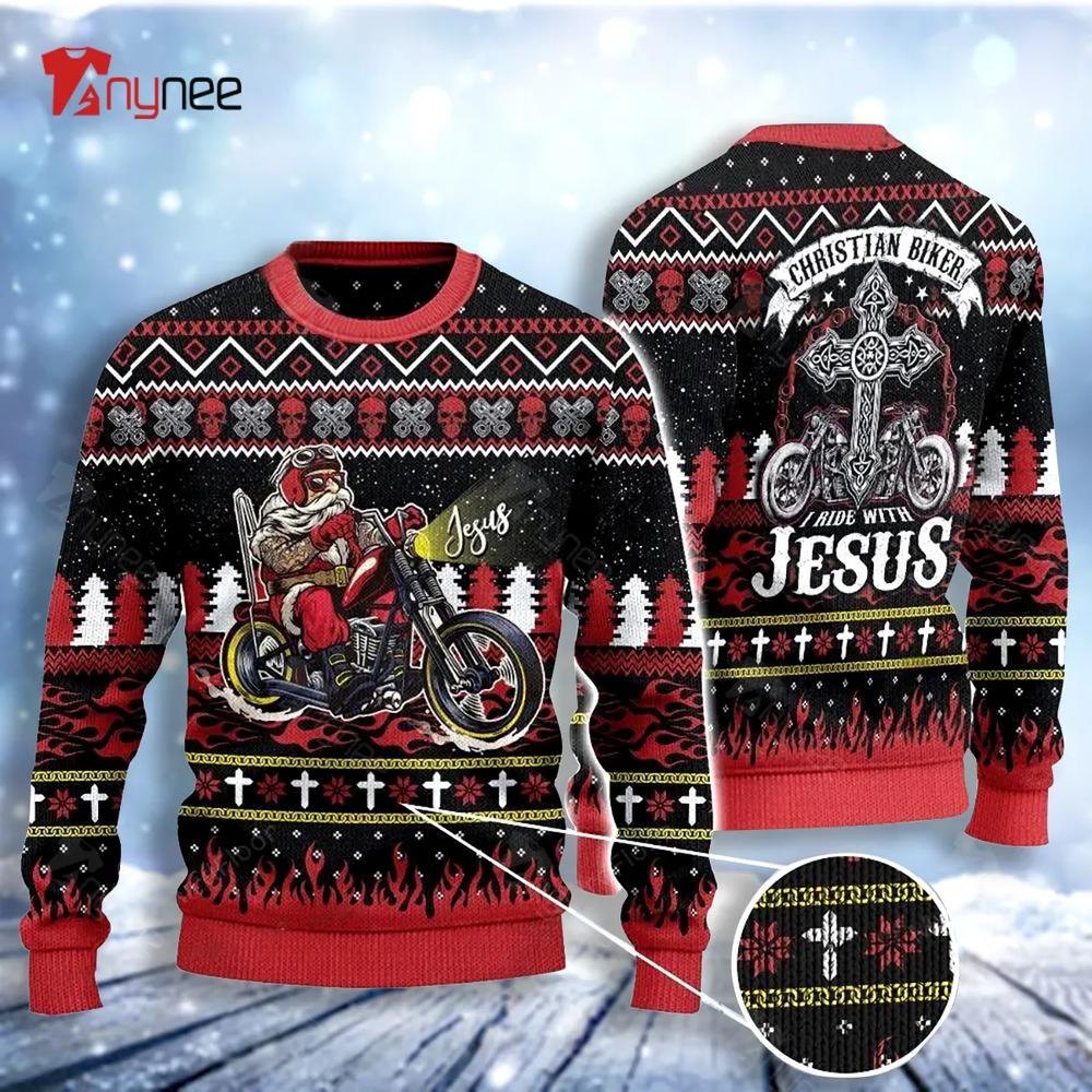 Christian Biker I Ride With Jesus Ugly Christmas Sweater- Best Christmas Gifts 2023