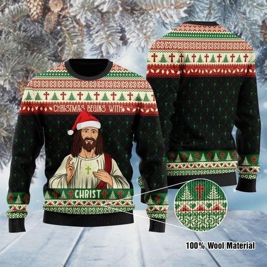 Christmas Begins With Christ Jesus Ugly Christmas Sweater | For Men & Women | Adult | US1126- Best Christmas Gifts 2023