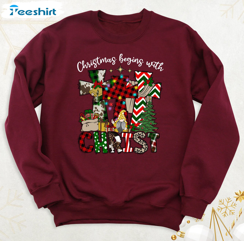 Christmas Begins With Christ Shirt, Christian Jesus Tee Tops Short Sleeve