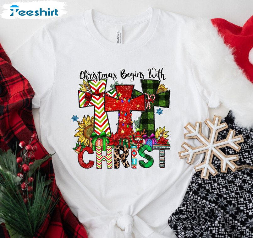 Christmas Begins With Christ Shirt, Leopard Christmas Tee Tops Long Sleeve