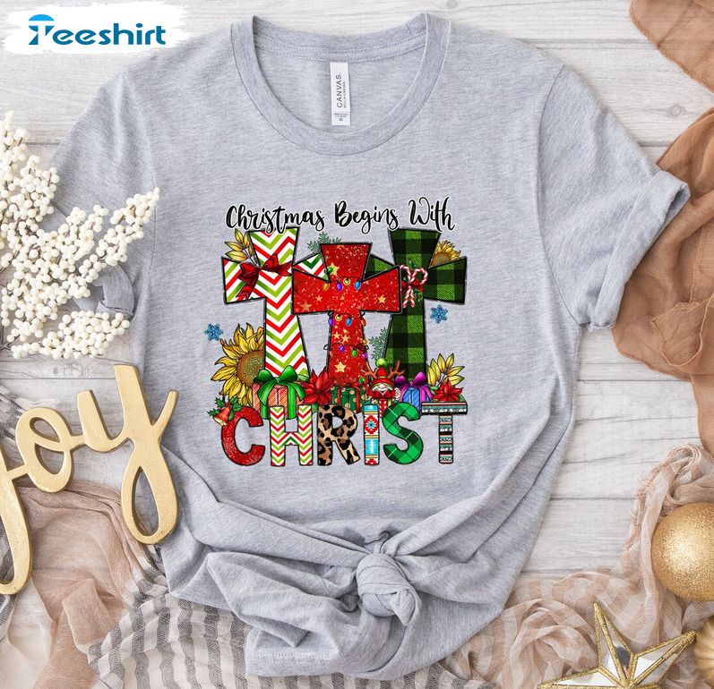 Christmas Begins With Christ Shirt, Leopard Christmas Tee Tops Long Sleeve