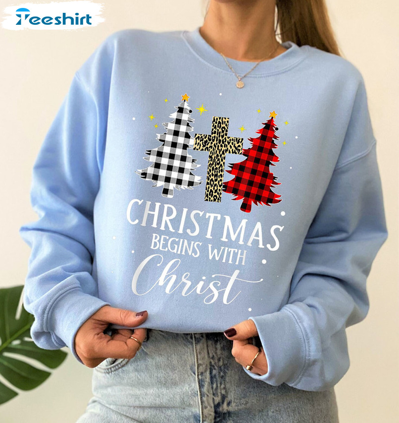 Christmas Begins With Christ Shirt, Pine Tree Short Sleeve Tee Tops