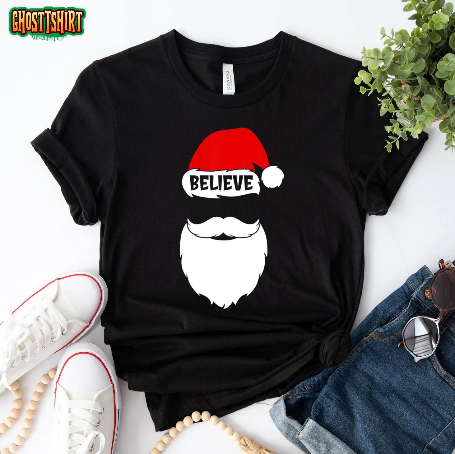 Christmas Believe in Santa Claus Believe Quote On Santa Hat T-Shirt