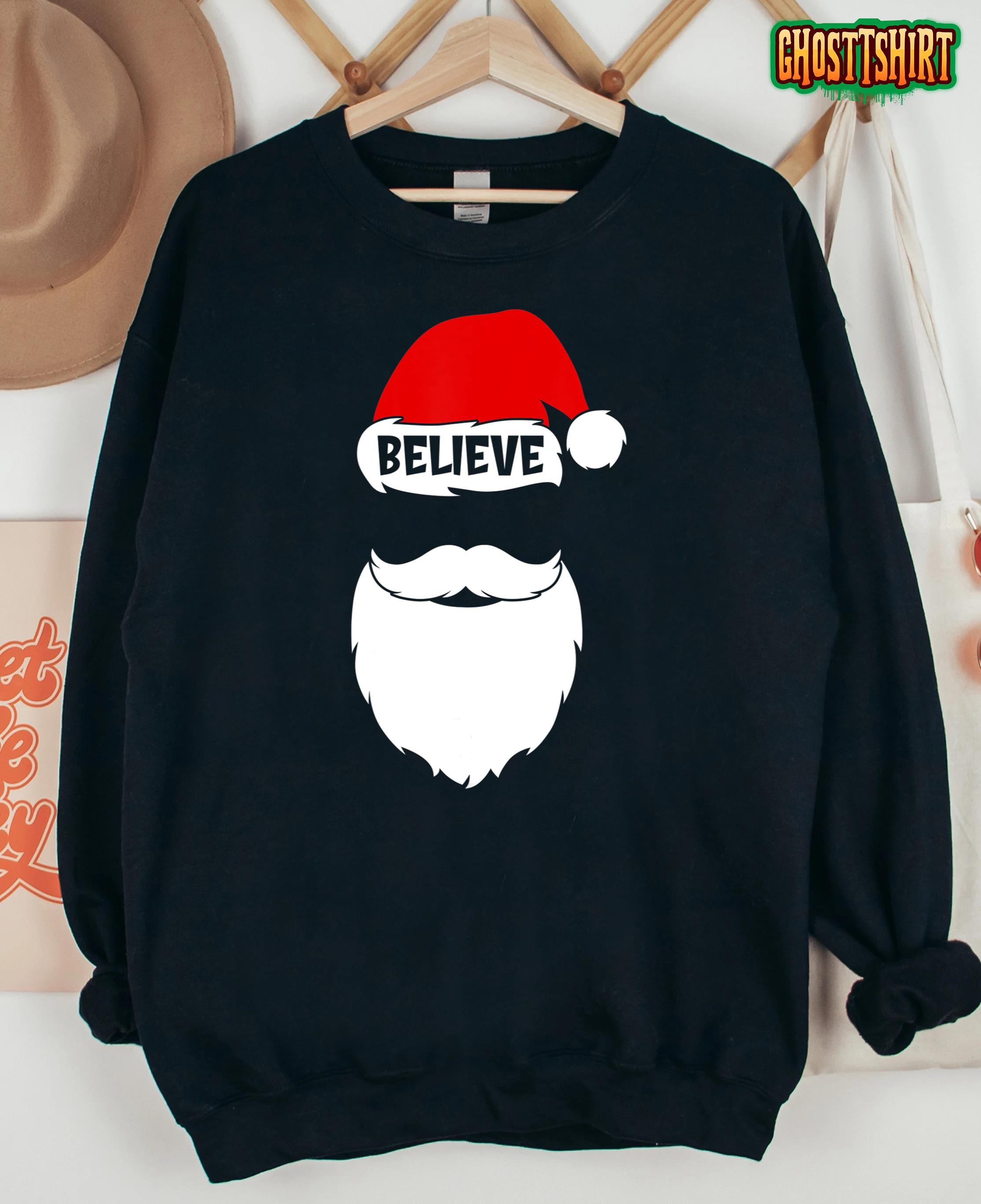 Christmas Believe in Santa Claus Believe Quote On Santa Hat T-Shirt