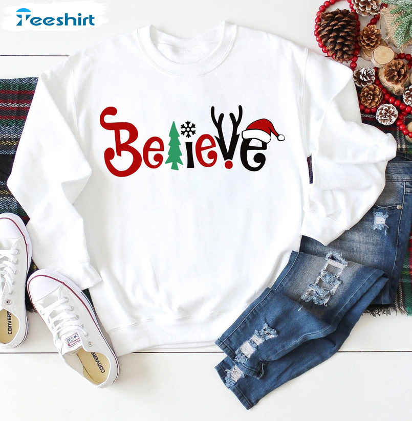 Christmas Believe Shirt – Christmas Santa Hat Short Sleeve Sweatshirt