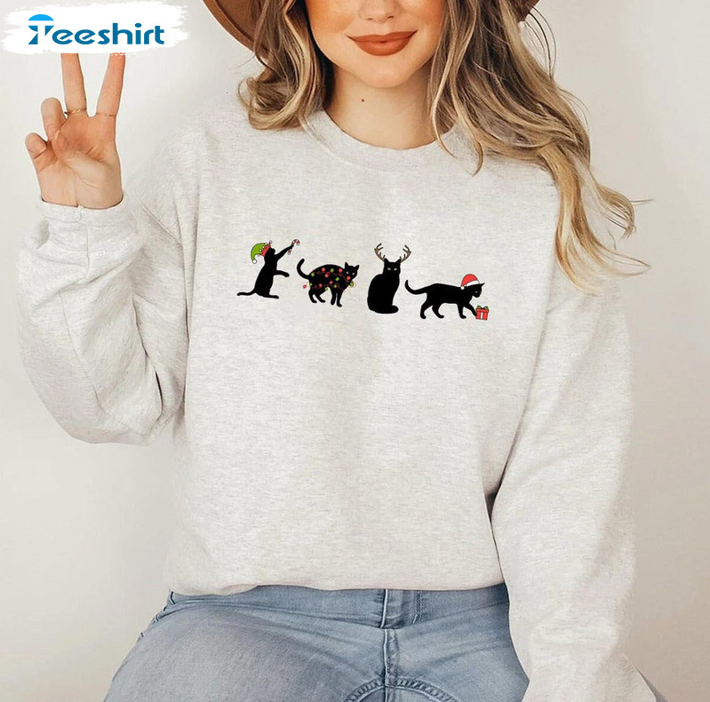 Christmas Black Cat Sweatshirt, Cute Cat Unisex T-shirt Long Sleeve