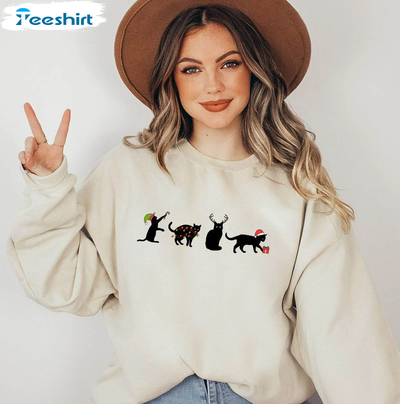 Christmas Black Cat Sweatshirt, Cute Cat Unisex T-shirt Long Sleeve