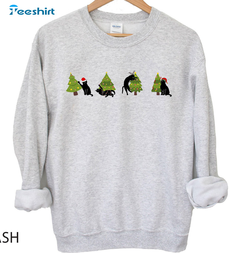 Christmas Black Cat Sweatshirt, Cute Christmas Tree Long Sleeve Hoodie