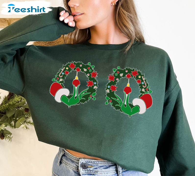 Christmas Boobies Shirt – Funny Grinchs Hand Is On The Breast Unisex Hoodie Sweatshirt