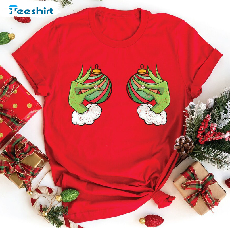 Christmas Boobies Shirt, Grinch’s Hand Is On The Breast Long Sleeve Sweatshirt