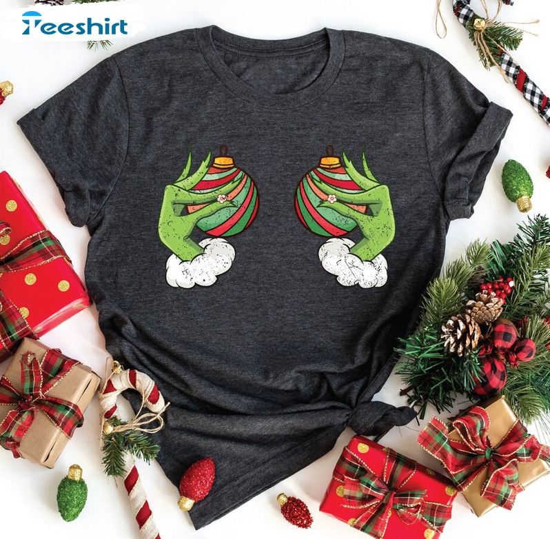 Christmas Boobies Shirt, Grinch’s Hand Is On The Breast Long Sleeve Sweatshirt