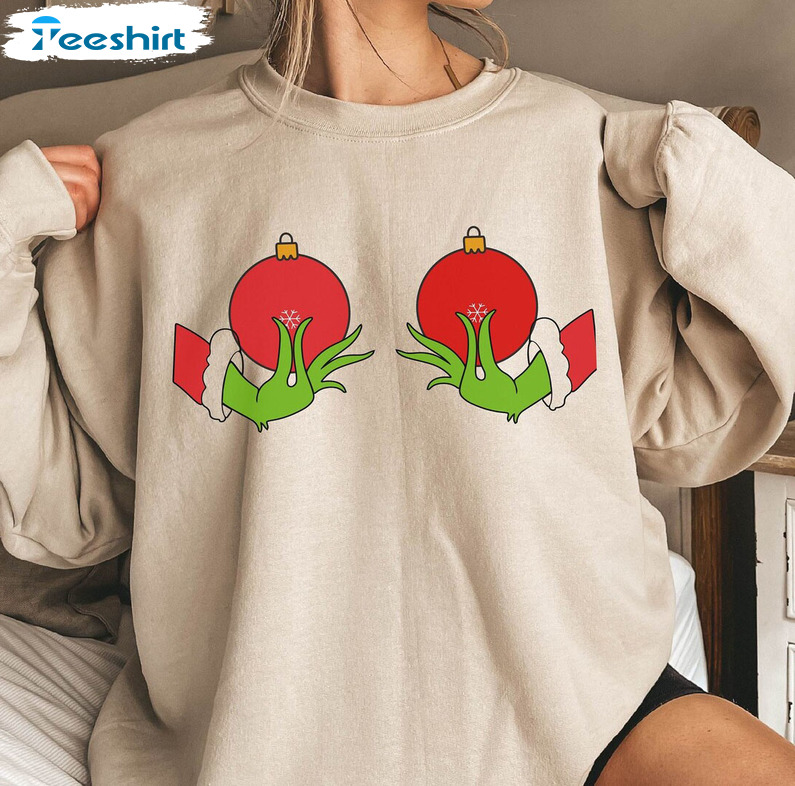 Christmas Boobs Sweatshirt, Grinch’s Hand Is On The Breast Short Sleeve Hoodie