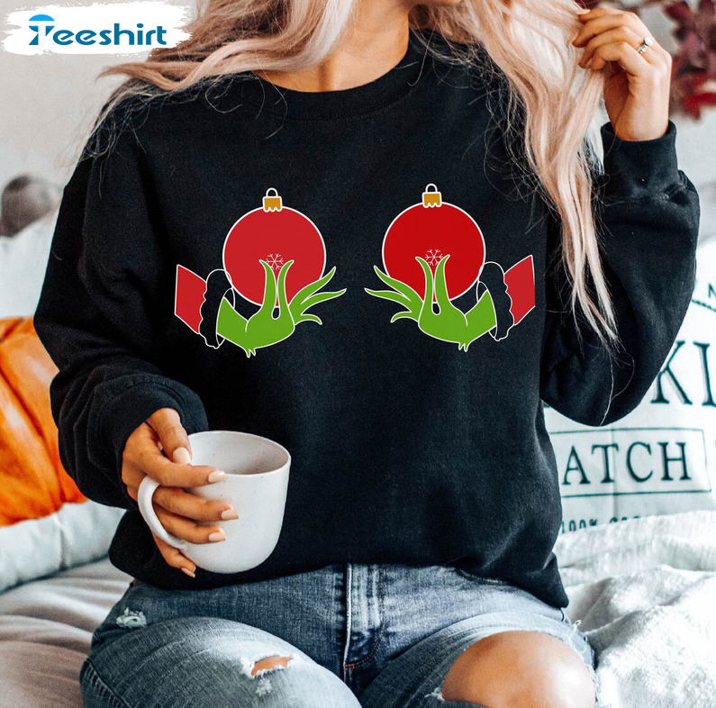 Christmas Boobs Sweatshirt, Grinch’s Hand Is On The Breast Short Sleeve Hoodie