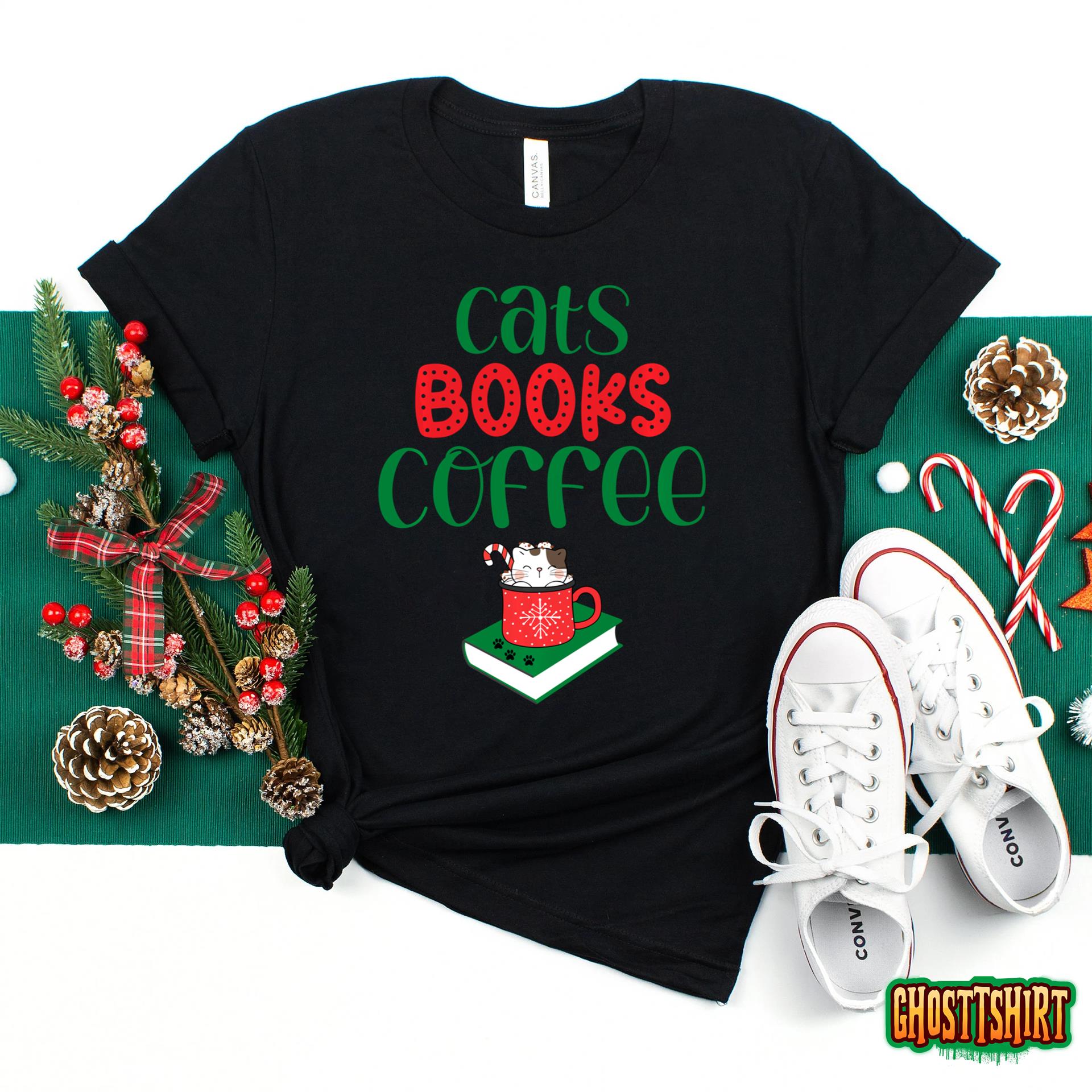 Christmas Cats Books Coffee T-Shirt