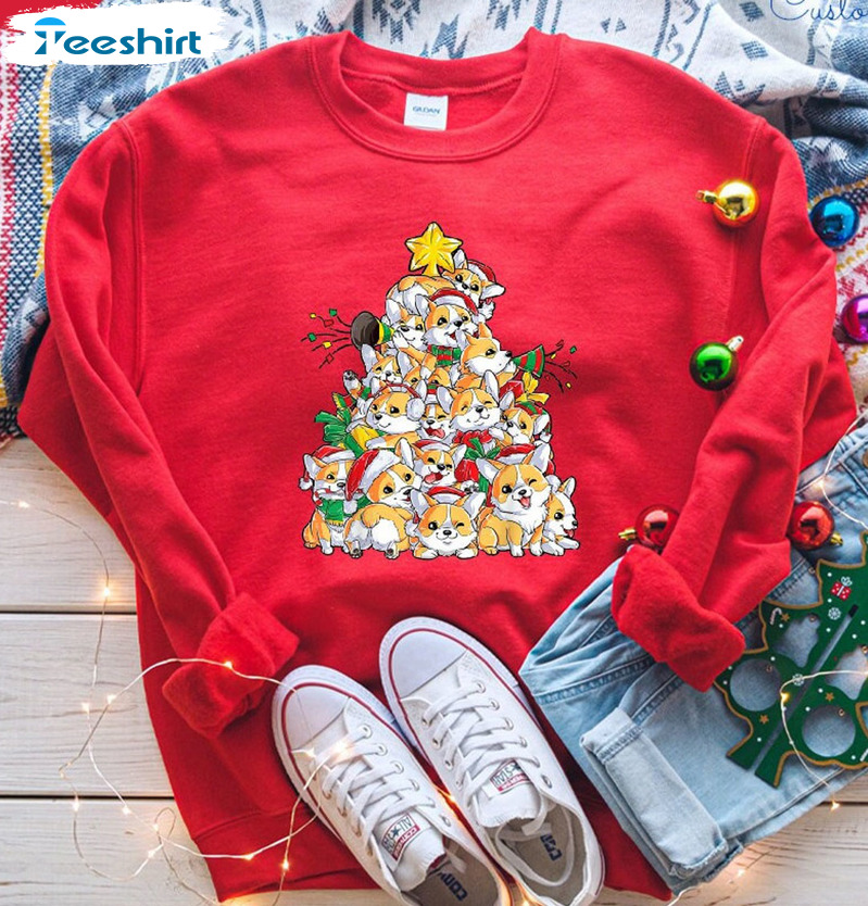 Christmas Corgi Tree Shirt, Corgi Lover Vintage Tee Tops Unisex T-shirt