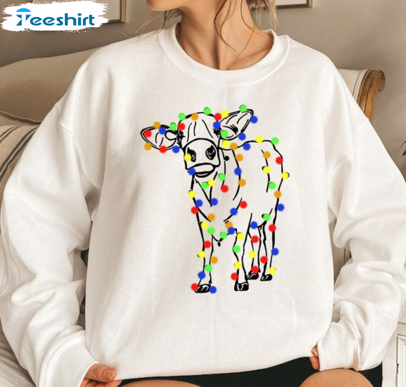 Christmas Cow Lights Shirt – Christmas Pullover Sweatshirt Tee Tops