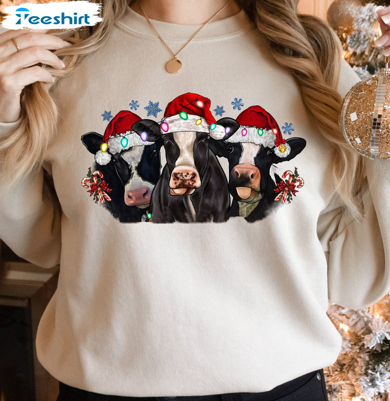 Christmas Cow Lights Shirt, Funny Heifers Unisex Hoodie Tee Tops