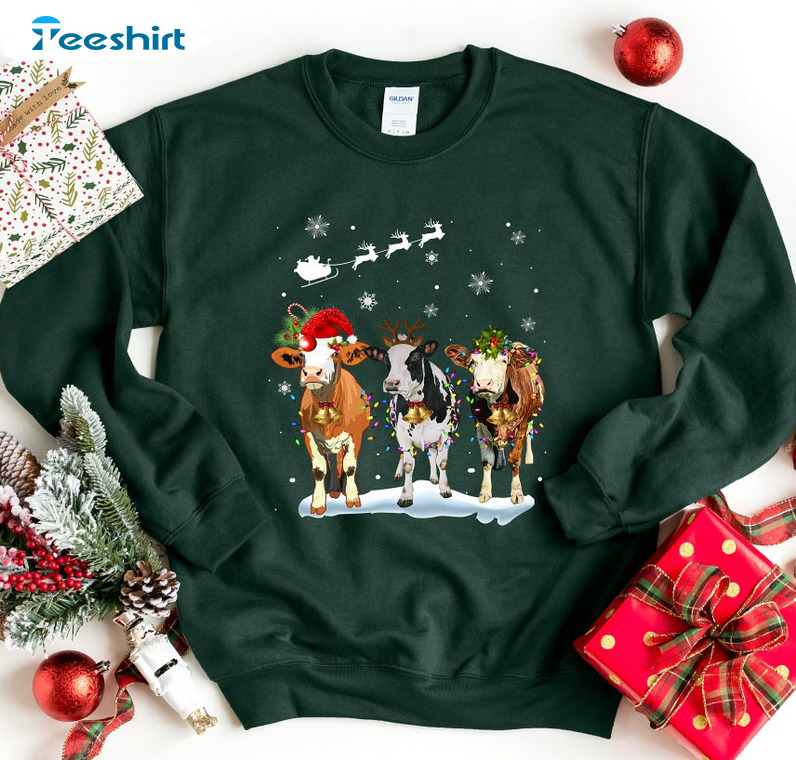 Christmas Cow Lights Shirt, Funny Heifers Xmas Short Sleeve Tee Tops