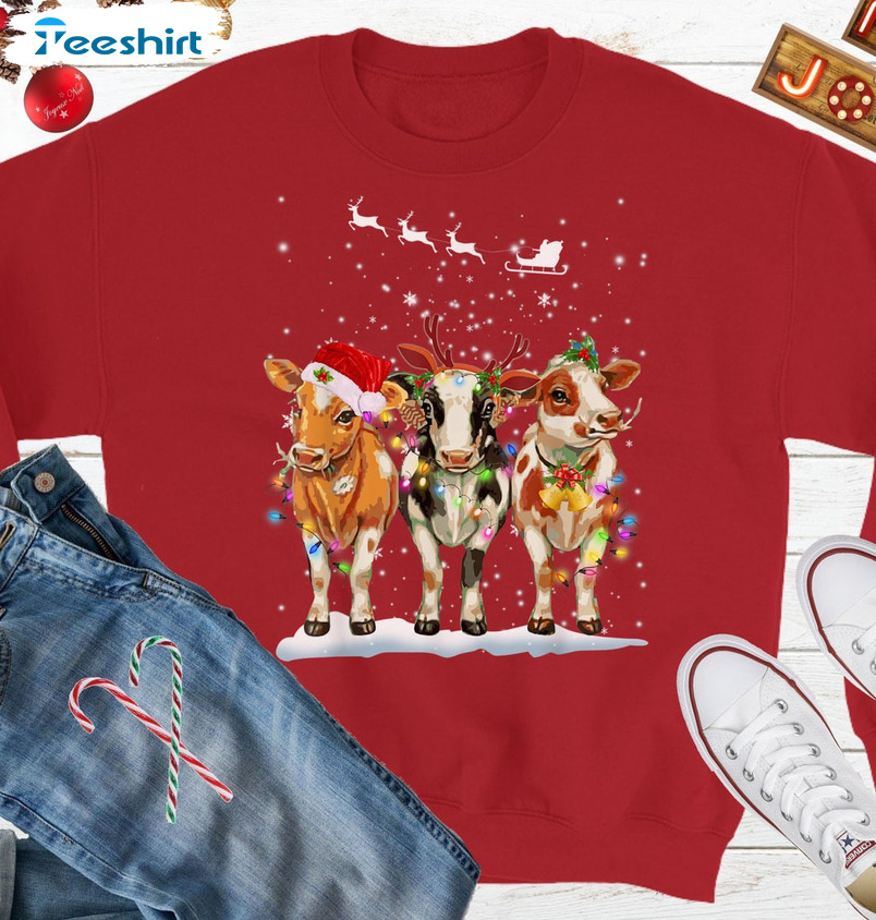 Christmas Cow Shirt – Christmas Lights Reindeer Crewneck Tee Tops