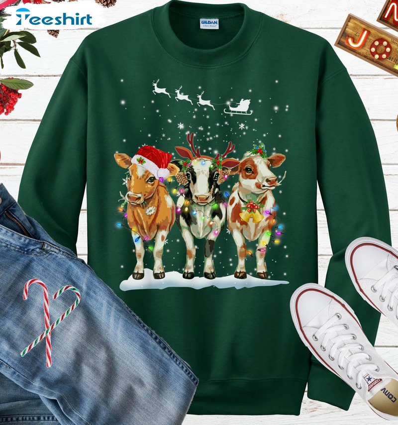 Christmas Cow Shirt – Christmas Lights Reindeer Crewneck Tee Tops