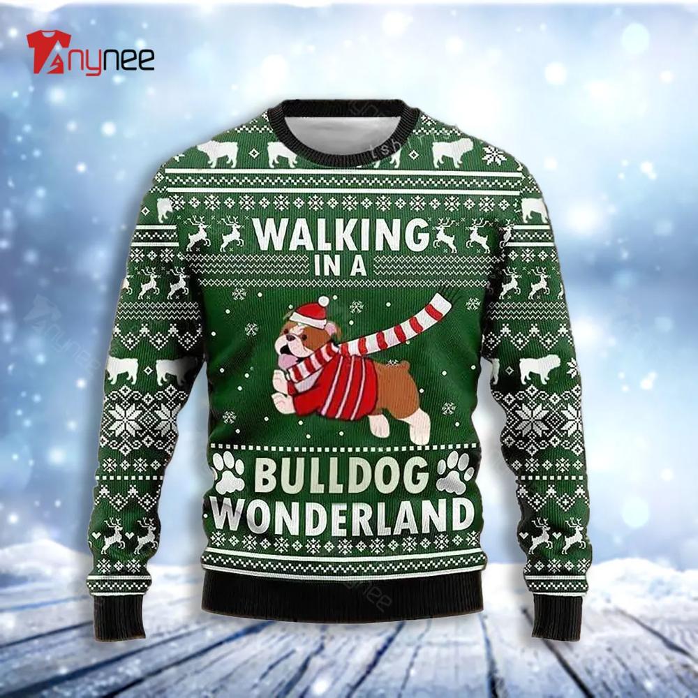 Christmas Dog Walking In A Bulldog Wonderland Womens Ugly Christmas Sweater- Best Christmas Gifts 2023