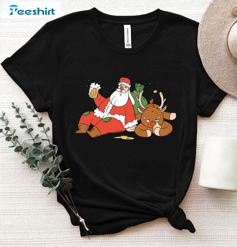 Christmas Drinking Party Shirt – Santa Claus And Reindeer Short Sleeve Tee Tops