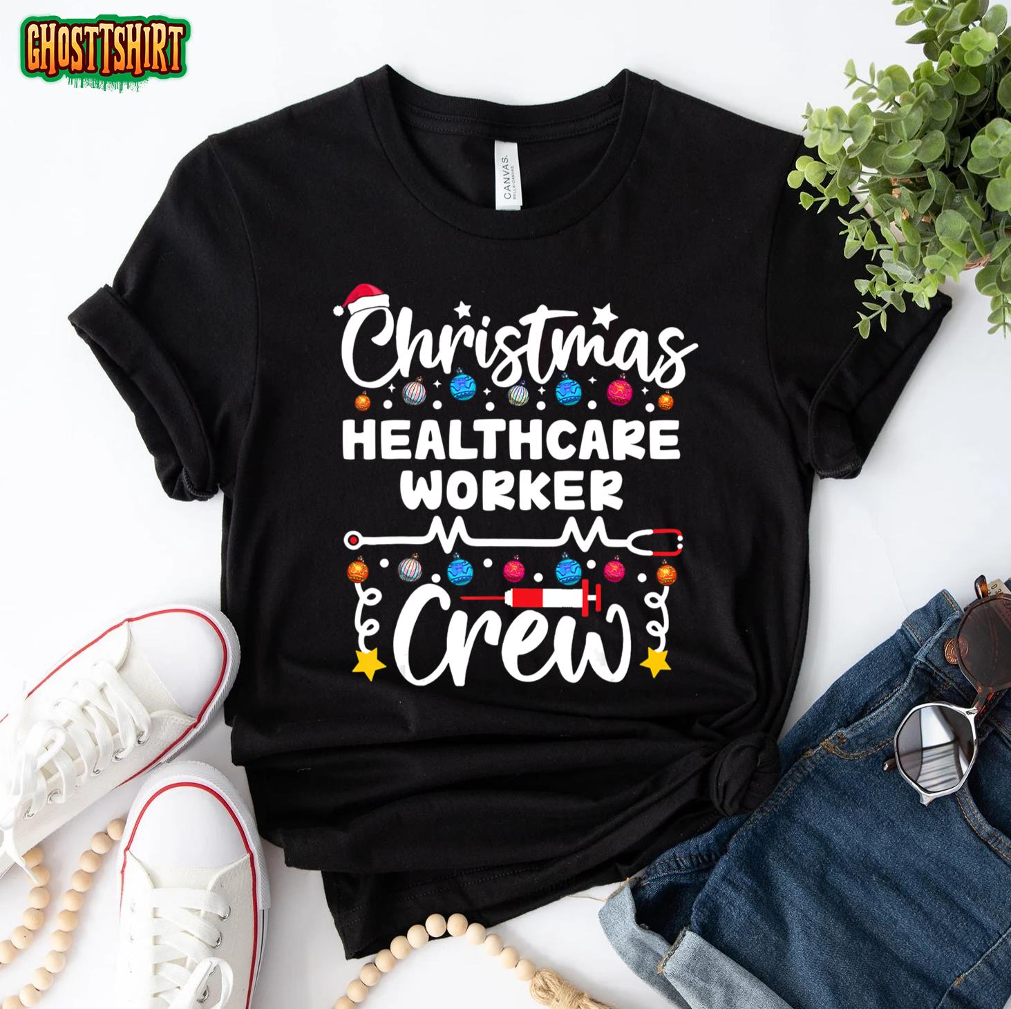 Christmas Healthcare Worker Crew Stethoscope Lights Xmas T-Shirt