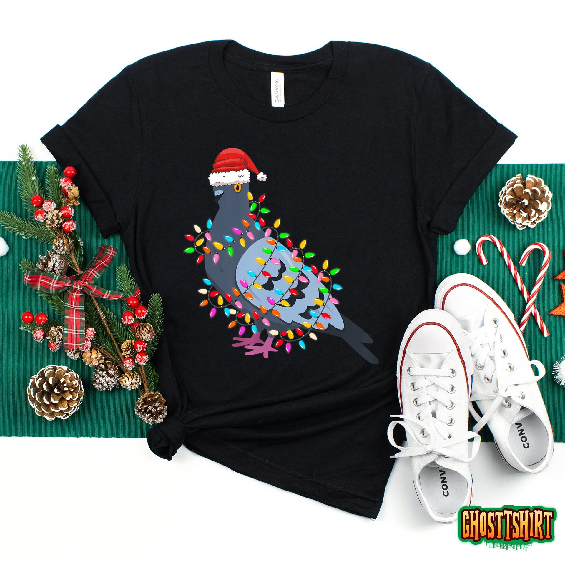 Christmas Lights Pigeon Wearing Xmas Hat – Pigeon Lover T-Shirt