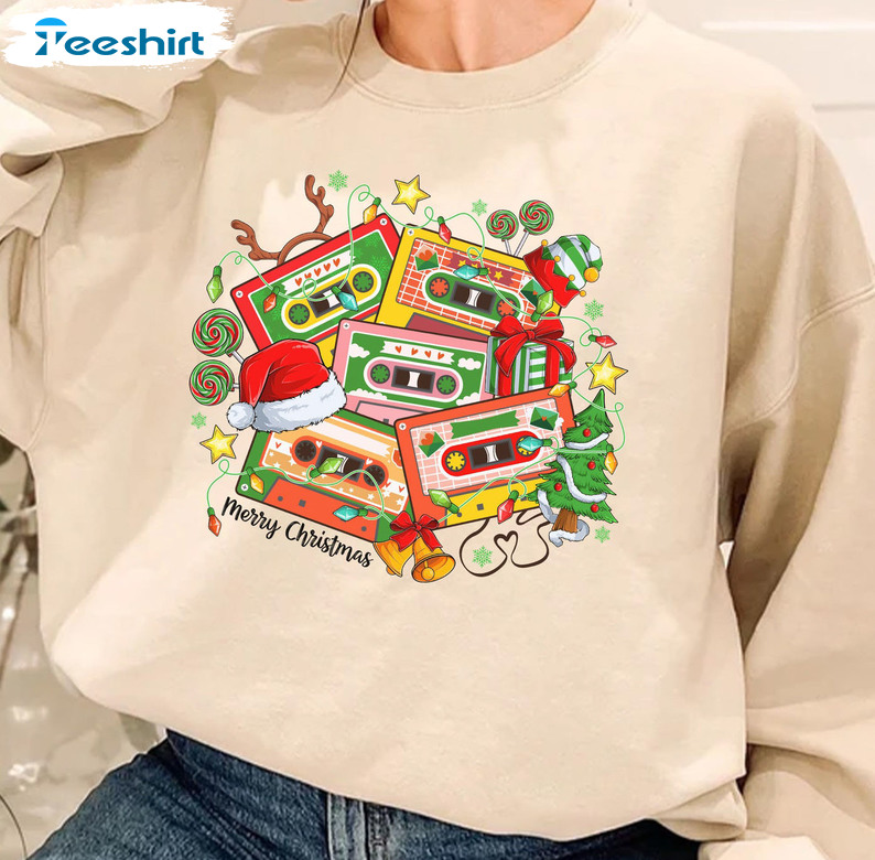 Christmas Music Cassette Tapes Sweatshirt, Vintage Music Lover Short Sleeve Tee Tops