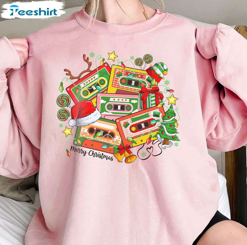 Christmas Music Cassette Tapes Sweatshirt, Vintage Music Lover Short Sleeve Tee Tops