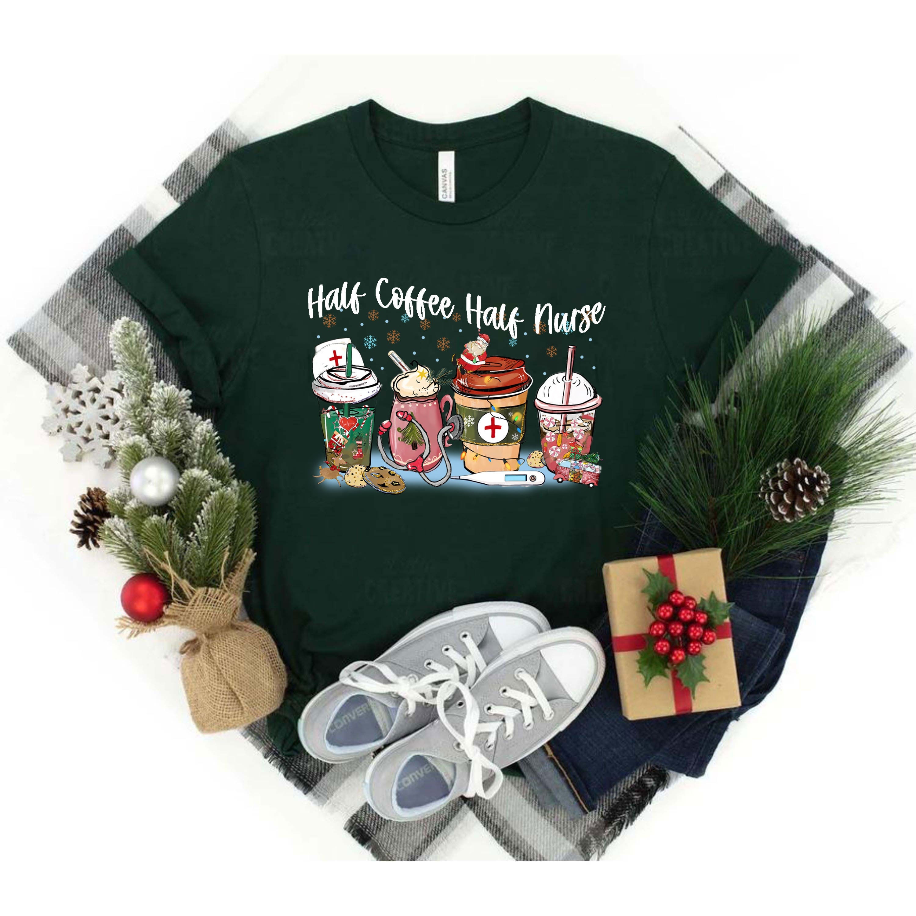 Christmas Nurse Coffee Half Coffee Half Nurse Xmas Holiday Christmas Nurse T-Shirt