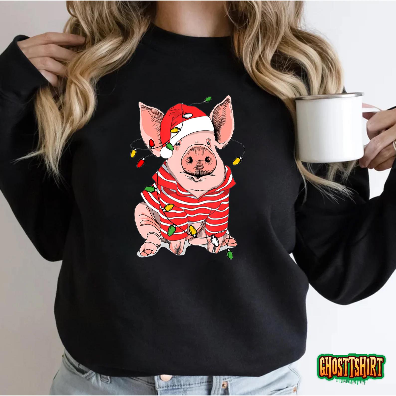 Christmas Pig lights Santa Hat Gifts For Boys Men Pig Lover T-Shirt