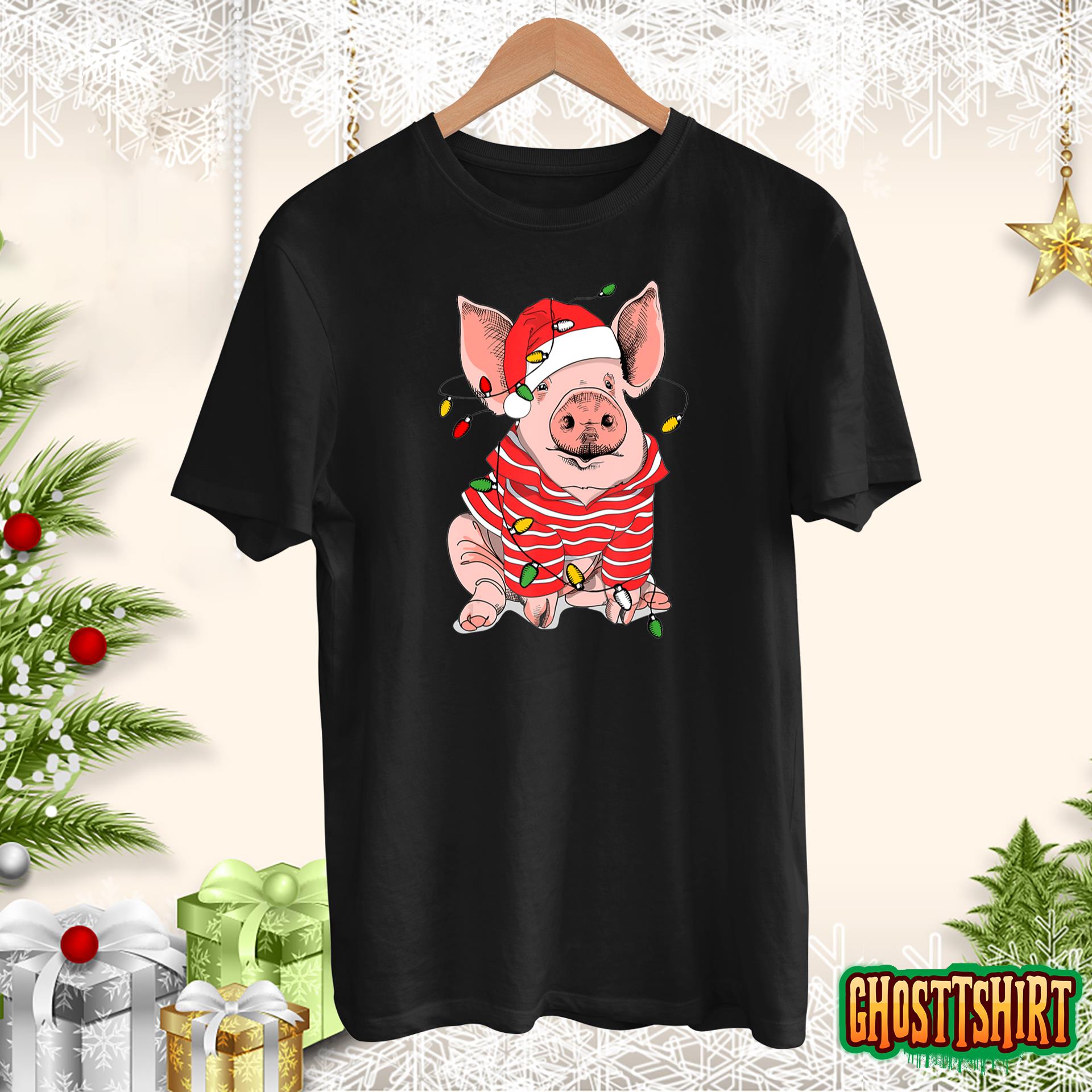 Christmas Pig lights Santa Hat Gifts For Boys Men Pig Lover T-Shirt