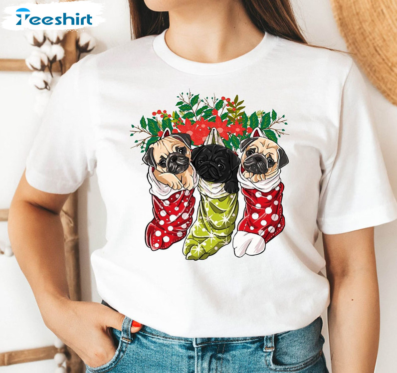 Christmas Pug Shirt – Christmas Pugs In Sock Tee Tops Short Sleeve