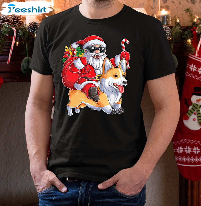 Christmas Santa Claus Riding Corgi Shirt, Santa Hat Corgi Unisex T-shirt Short Sleeve