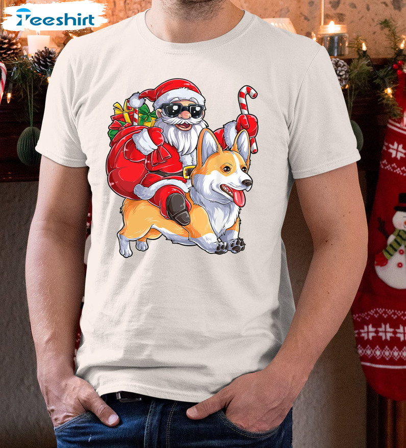 Christmas Santa Claus Riding Corgi Shirt, Santa Hat Corgi Unisex T-shirt Short Sleeve