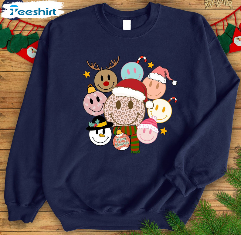 Christmas Smiley Faces Sweatshirt, Retro Smiley Face Groovy Christmas Shirt