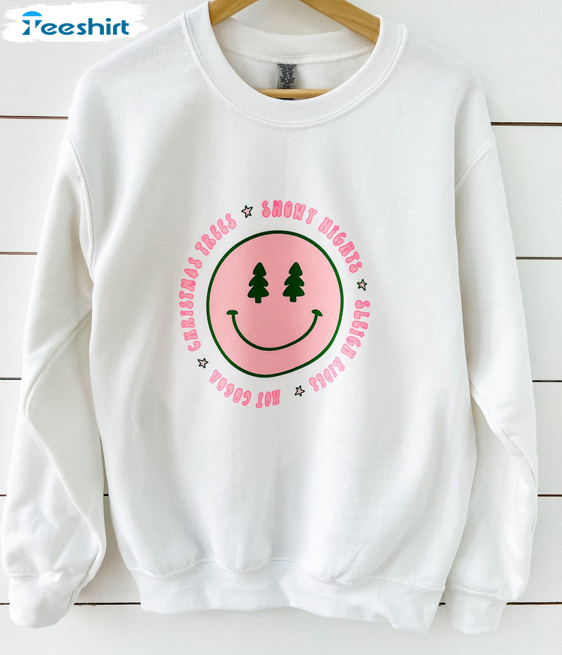 Christmas Smiley Faces Sweatshirt, Xmas Tree Crewneck Unisex Hoodie