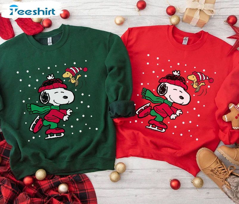 Christmas Snoopy Ice Skating Pullover Shirt – Peanuts Xmas Unisex Hoodie Sweatshirt