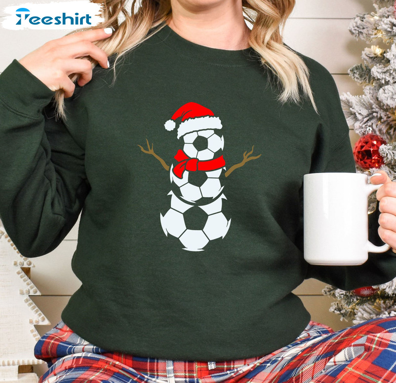 Christmas Soccer Ball Shirt, Christmas Snowman Short Sleeve Crewneck