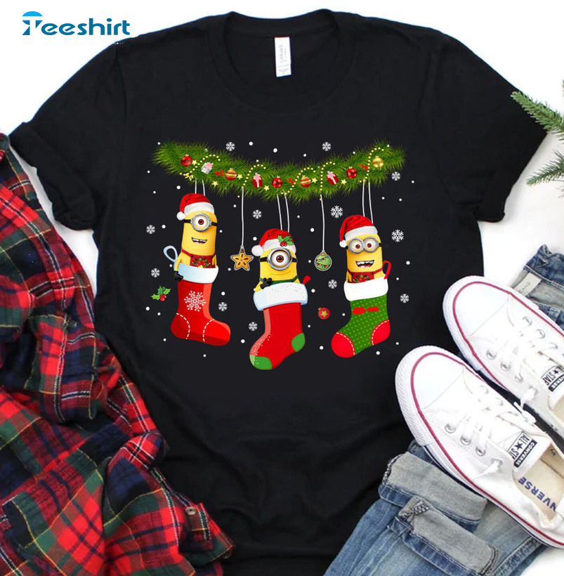 Christmas Stocking Minions Santa Shirt, Minions Christmas Short Sleeve Sweater