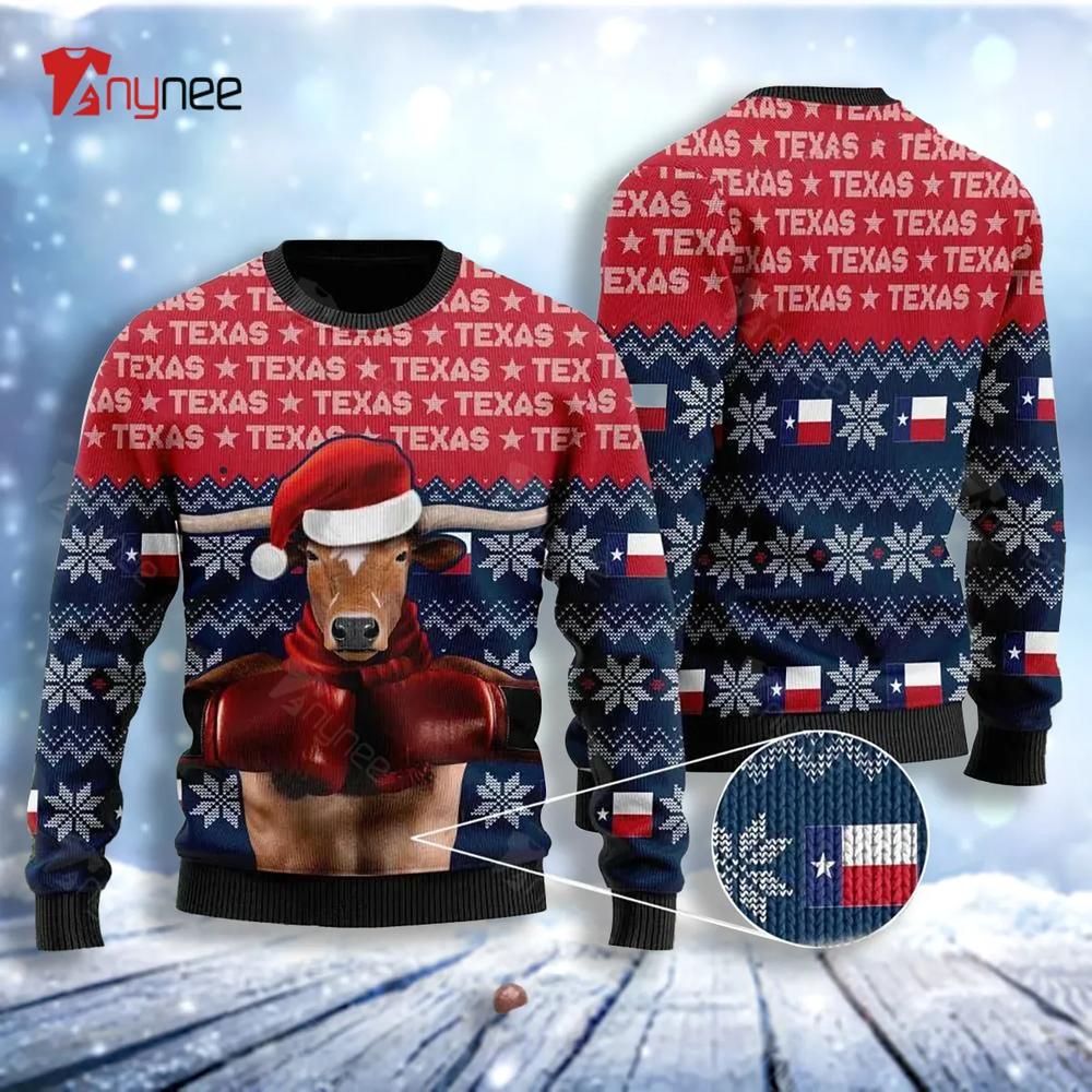 Christmas Texas Boxing Longhorn Ugly Christmas Sweater- Best Christmas Gifts 2023